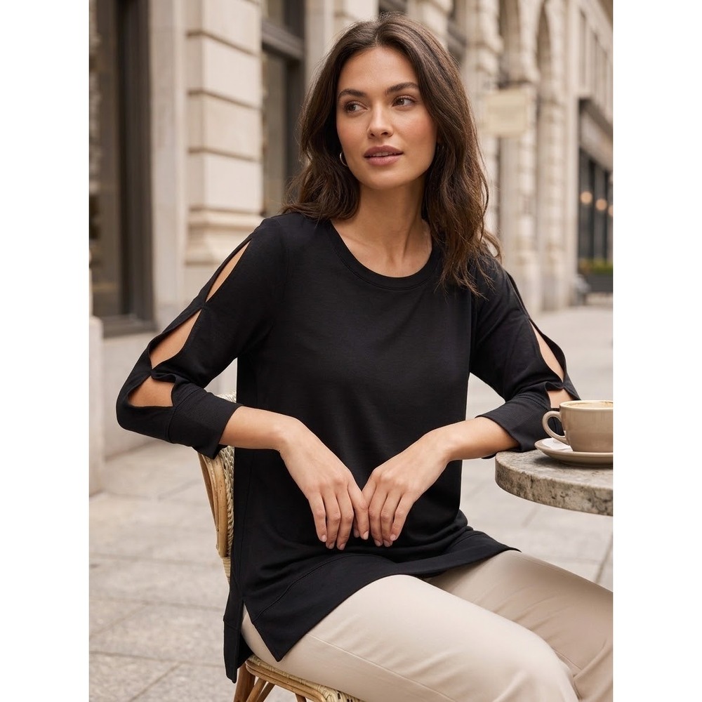 Sleeve Cutout H by Halston Black French Terry Tunic Top Size S Small